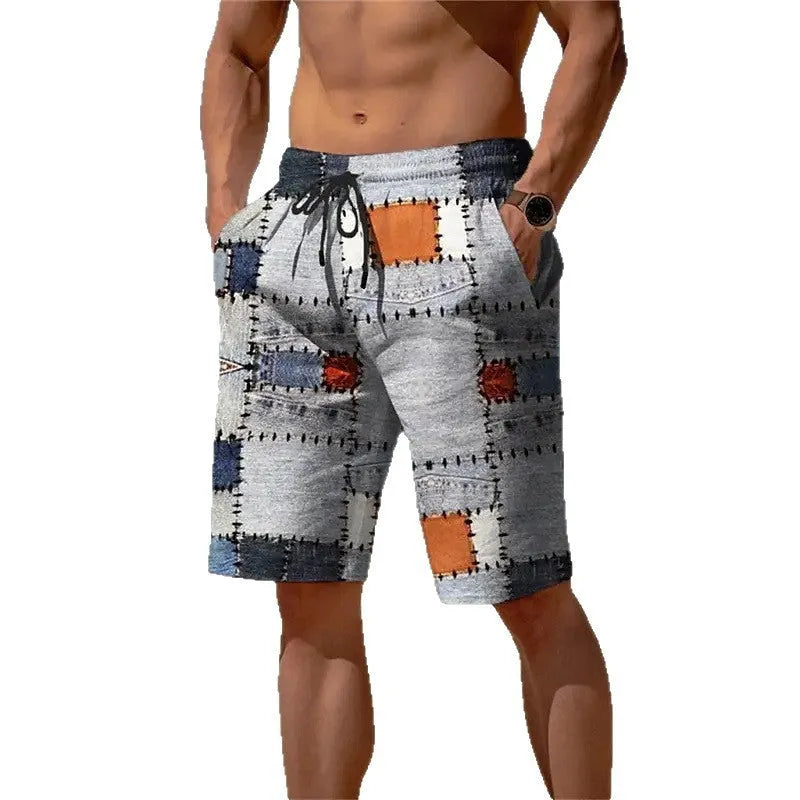 Men's 3D plaid pattern mesh shorts in a loose fit for summer, shown in one of four available colours.