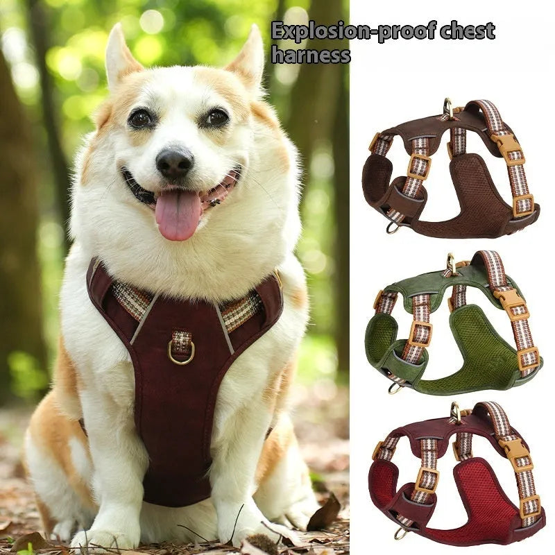 Brown leather dog harness with reflective stitching and explosion-proof D-ring
