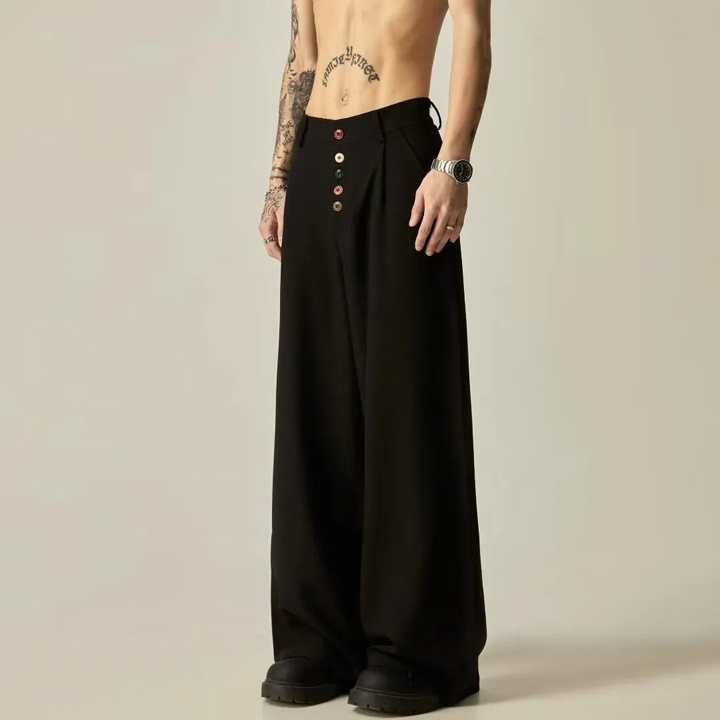 Men's black casual trousers with elastic waistband and straight-leg design on hanger