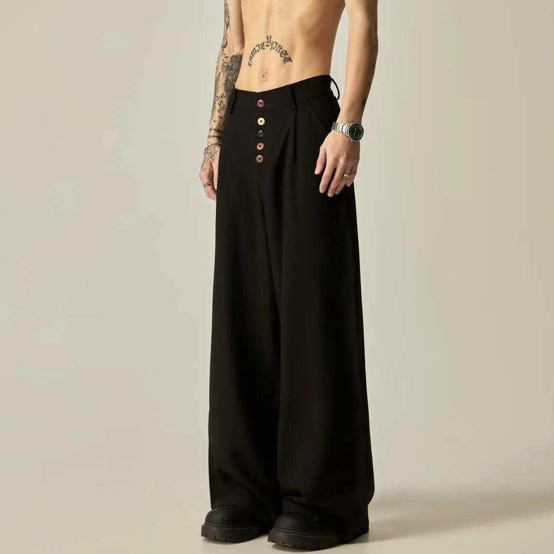 Men's black casual trousers with elastic waistband and straight-leg design on hanger
