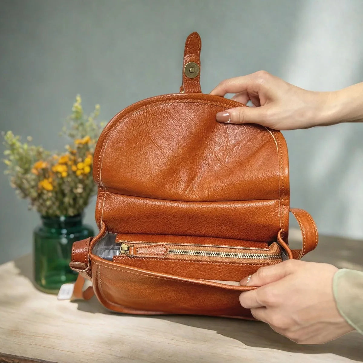 Brown retro-style genuine leather messenger bag with flap closure and crossbody strap
