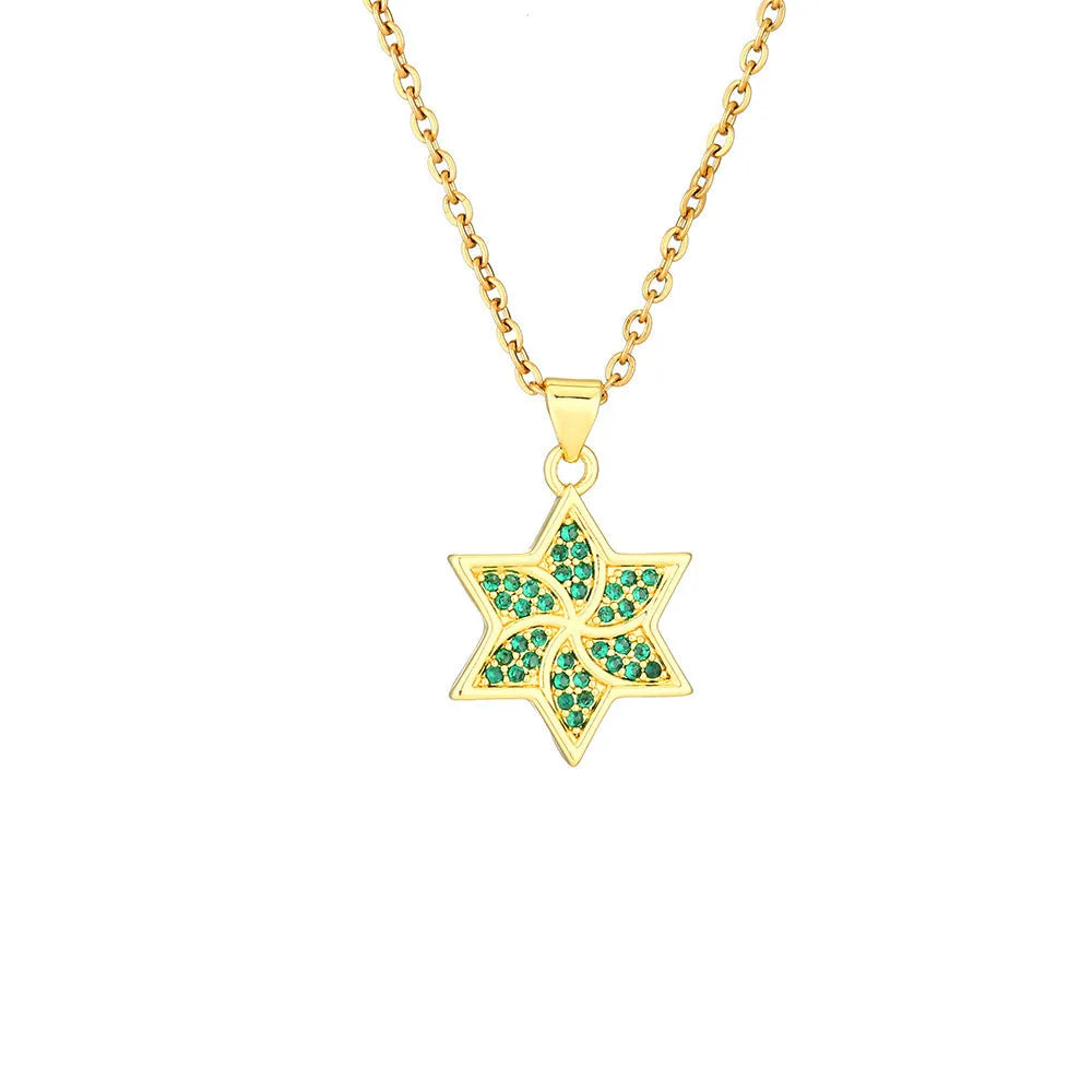 Six-pointed star pendant necklace with emerald zircon inlay on copper O-shaped chain, 41-50cm circumference