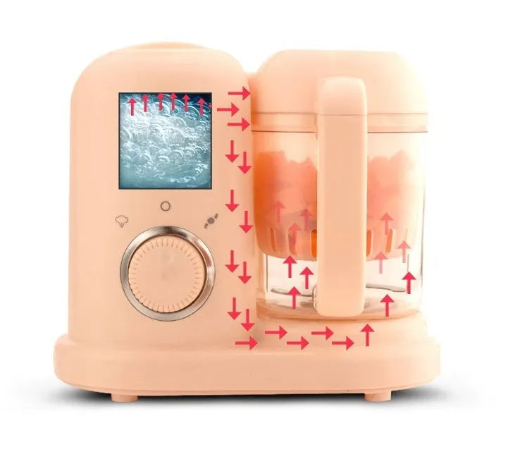 Baby food processor with steamer and blender functions in green or pink, showing 10-litre capacity and double mixing blades