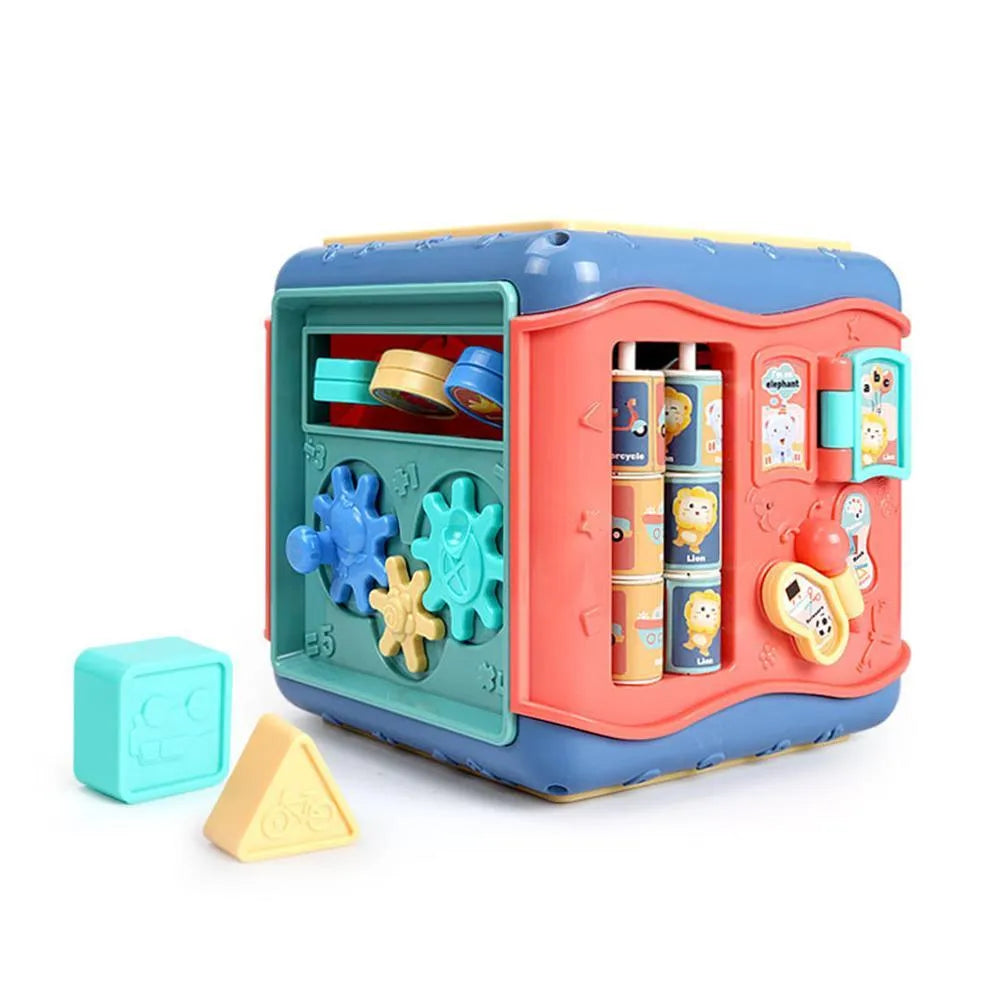Montessori hexahedron educational toy with six different learning activities on each side