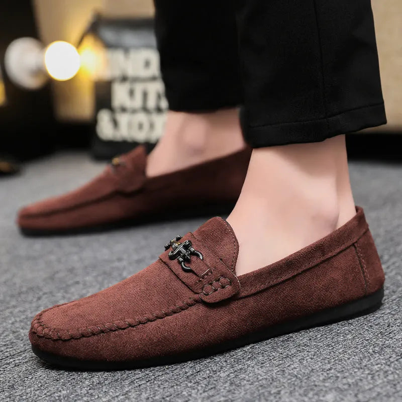 Men's black and brown waterproof PU leather slip-on loafers with round toe and rubber sole