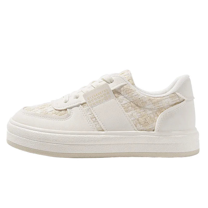 Beige plaid platform leisure sports shoes with round toe and lace-up front on a rubber sole.