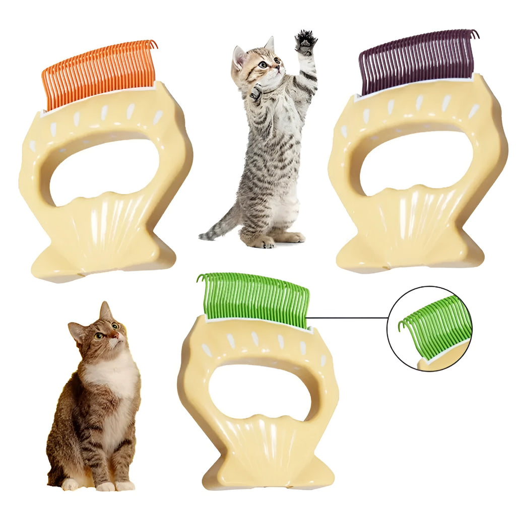 Shell-shaped pet grooming brush in green, orange, or purple with bent wire bristles and anti-slip handle