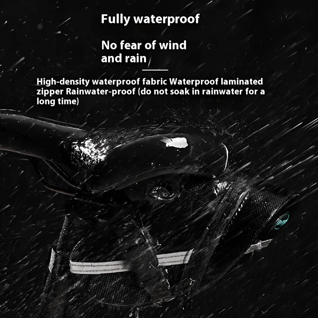 Black cycling quick release saddle bag with polyester construction mounted under bicycle saddle