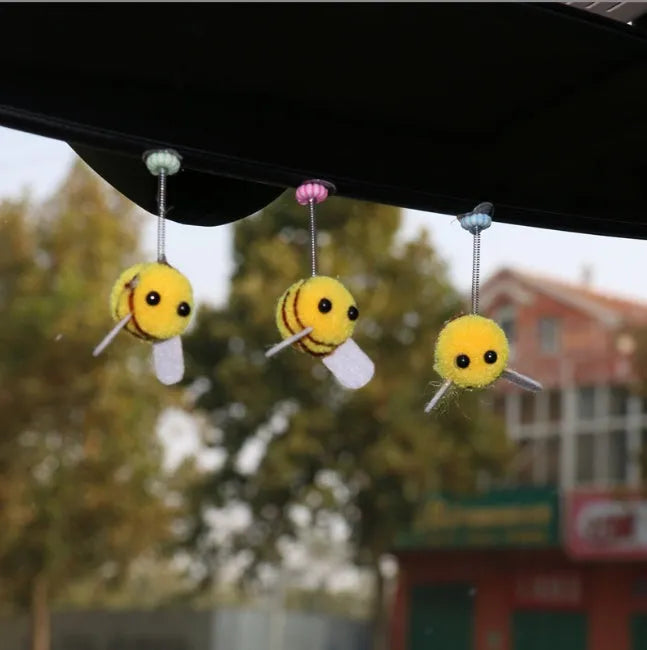 Swing Spring Bee car decoration: 3x3cm fur ball cartoon bee with adhesive backing
