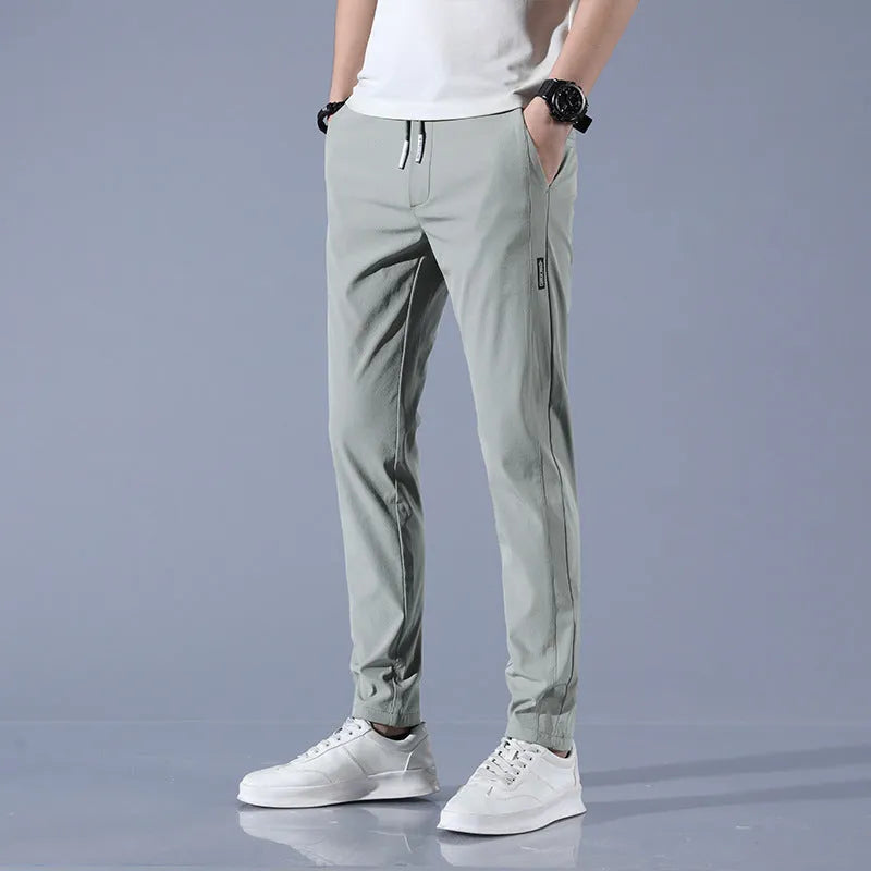 Men's summer ice silk straight trousers in polyester blend, high waist drawstring, light green, light grey, dark grey, black