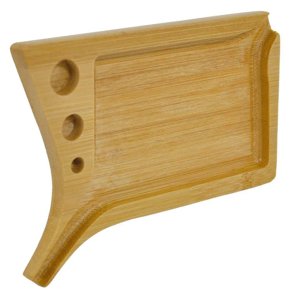 Bamboo slotted funnel-type cigarette tray set, 13.2cm long, 10cm wide, with 11 x 2.5cm brush in wood colour