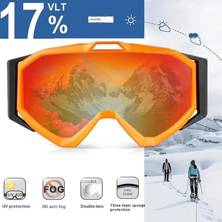 Motorcycle goggles with double-layer construction in black frame with grey lens, showing anti-fog design