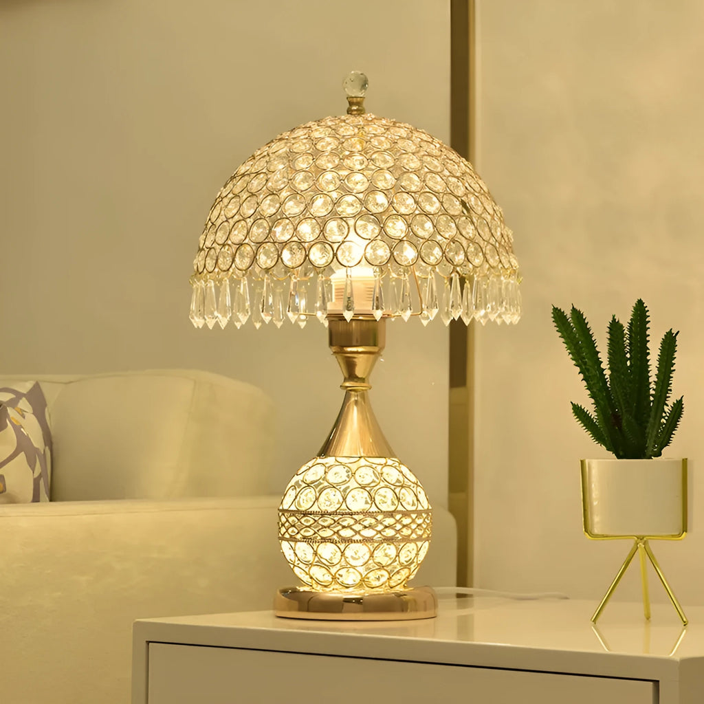 Crystal desk lamp with iron art base in gold finish measuring 29x29x30cm