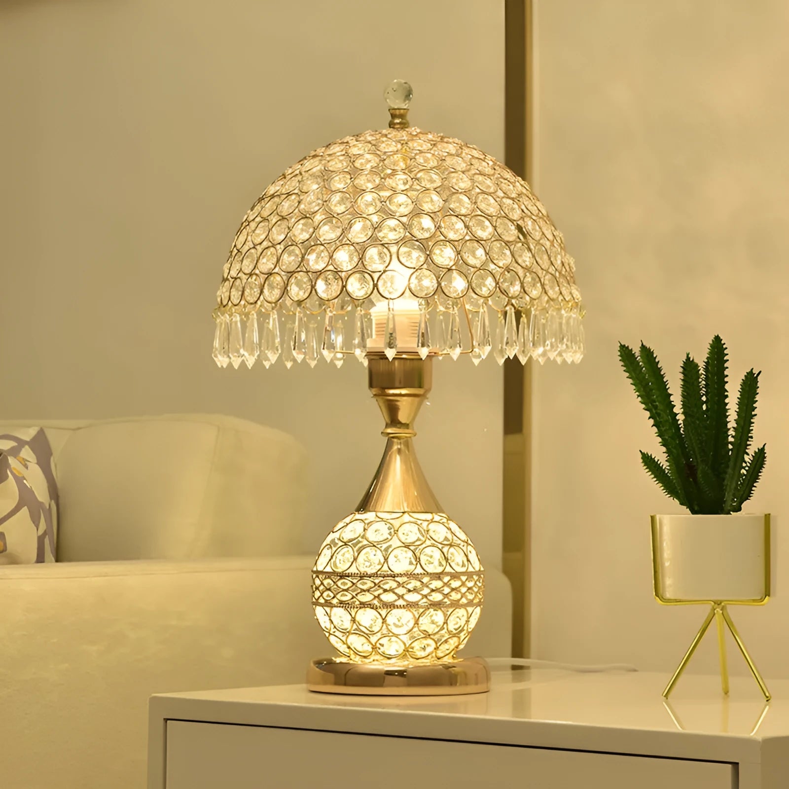 Crystal desk lamp with iron art base in gold finish measuring 29x29x30cm