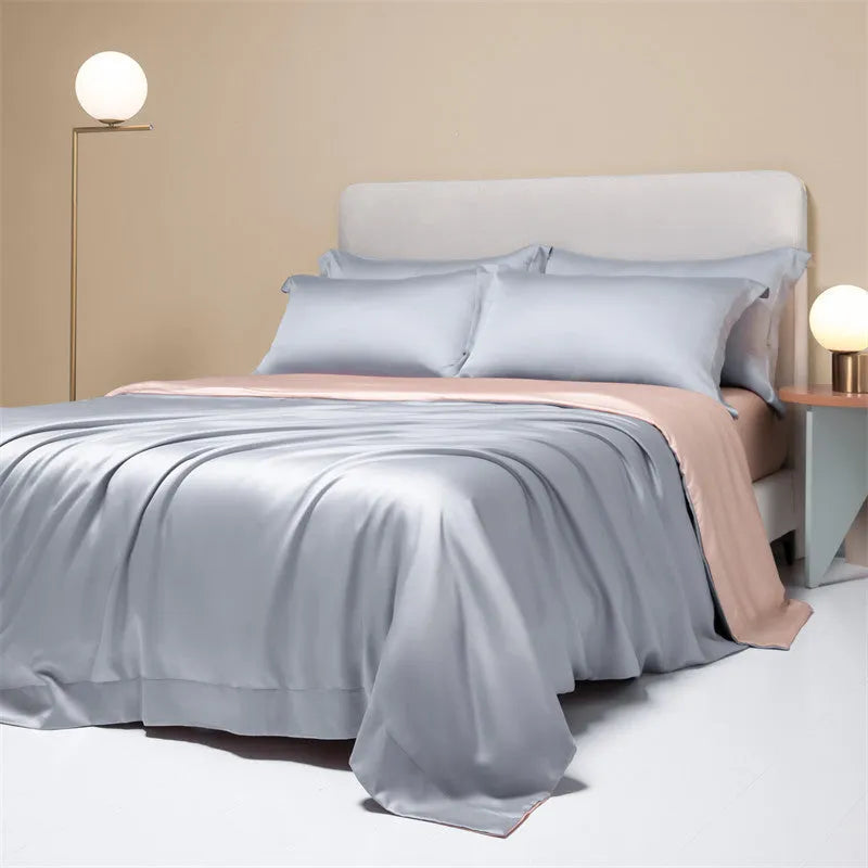200 thread count Lenzing Tencel quilt sheets in Aurora Blue colour on a UK double bed