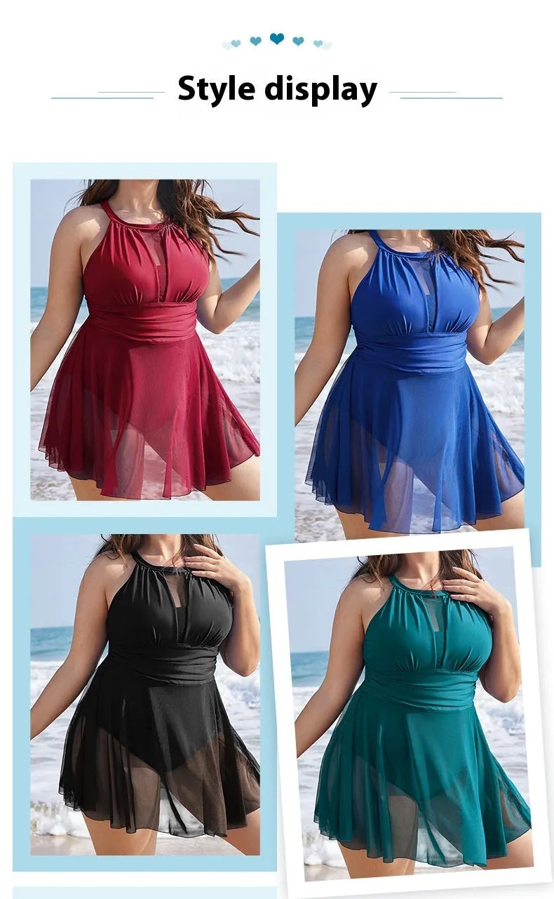 Women's black lace one-piece swimsuit with round neck design for swimming and beach activities