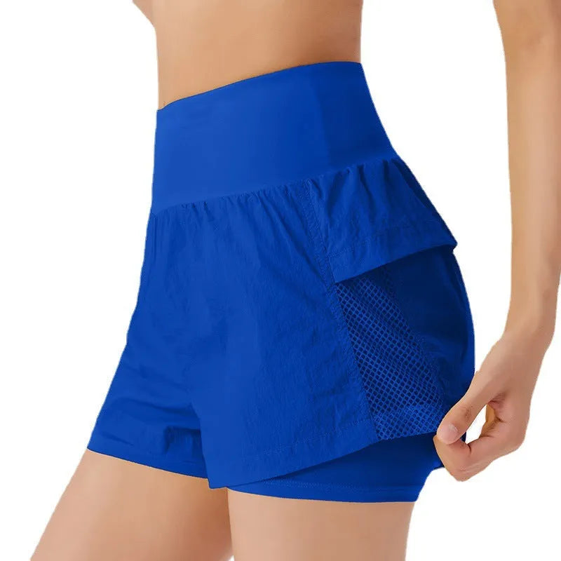 Cotton-blend women's loose fit quick-dry sports shorts in multiple colours on a size chart.