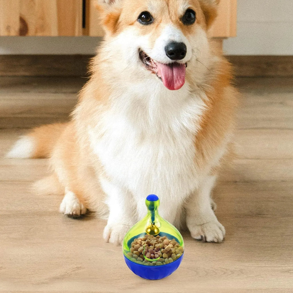 Tumbler-shaped pet treat dispenser with dimensions 14cm height, 10cm width, 10cm depth for slow feeding