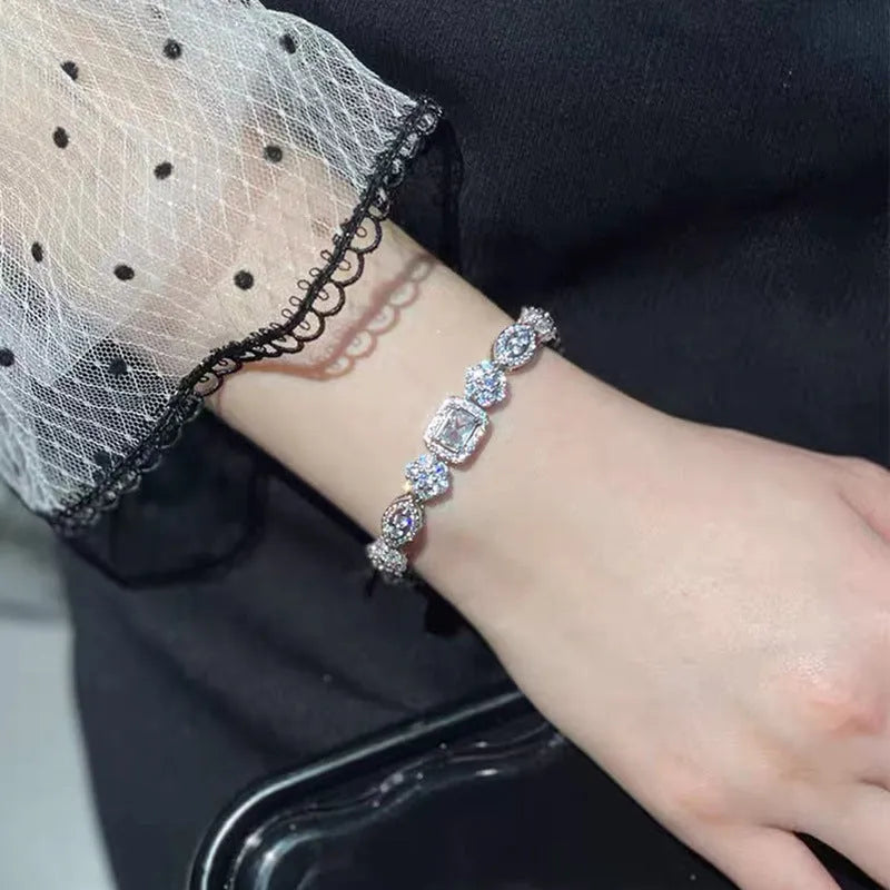Women's geometric bracelet with adjustable 16-19cm length, copper white gold plating, and inlaid zircon stones