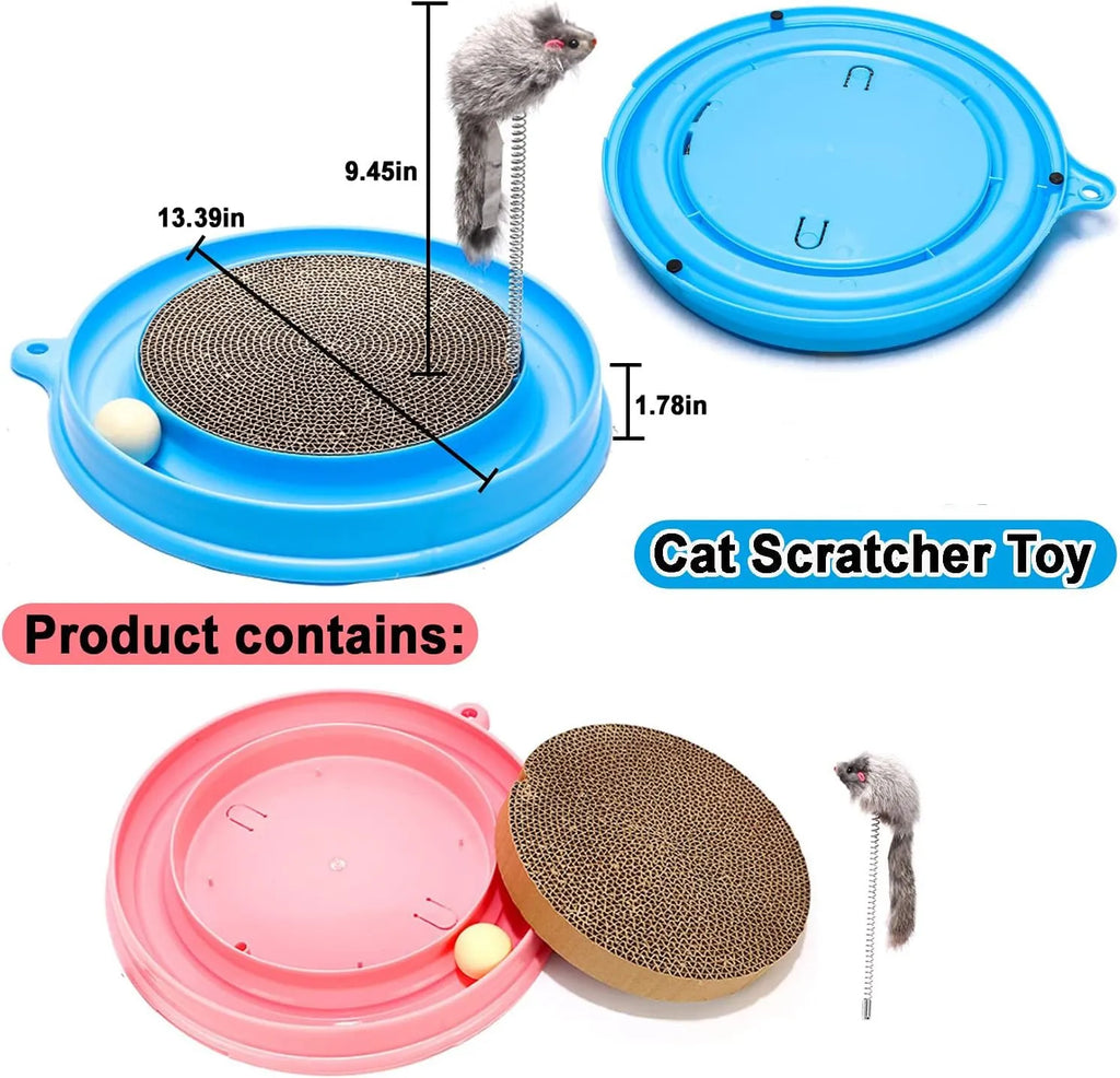 Blue cat scratcher with circular base, corrugated cardboard pad, and ball in track for interactive play