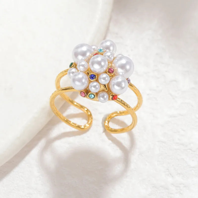 Women's stainless steel open ring with pearl and zircon stones in heart or round styles