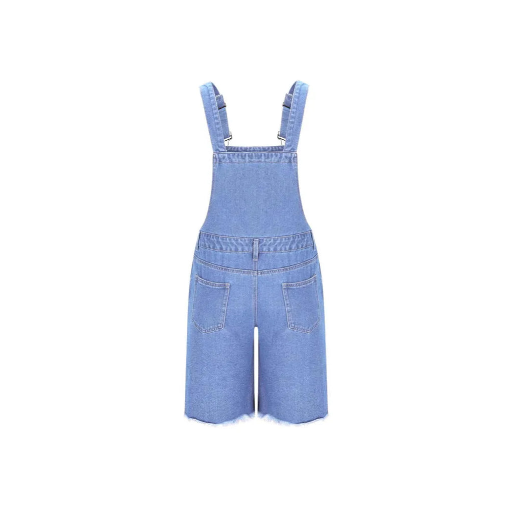 Ripped blue denim shorts for men with built-in black suspenders on a mid-waist straight-leg fit.