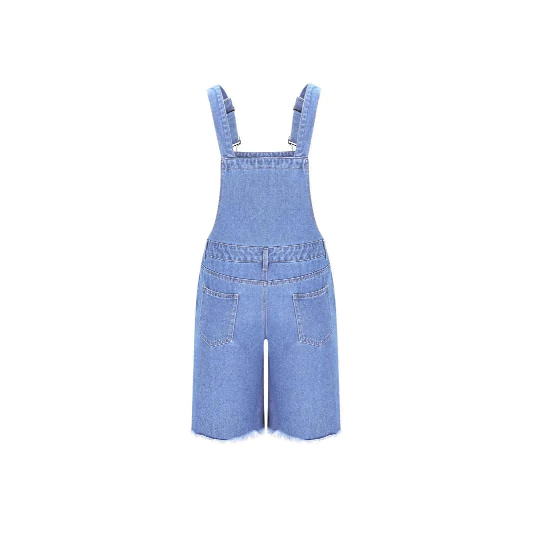 Ripped blue denim shorts for men with built-in black suspenders on a mid-waist straight-leg fit.