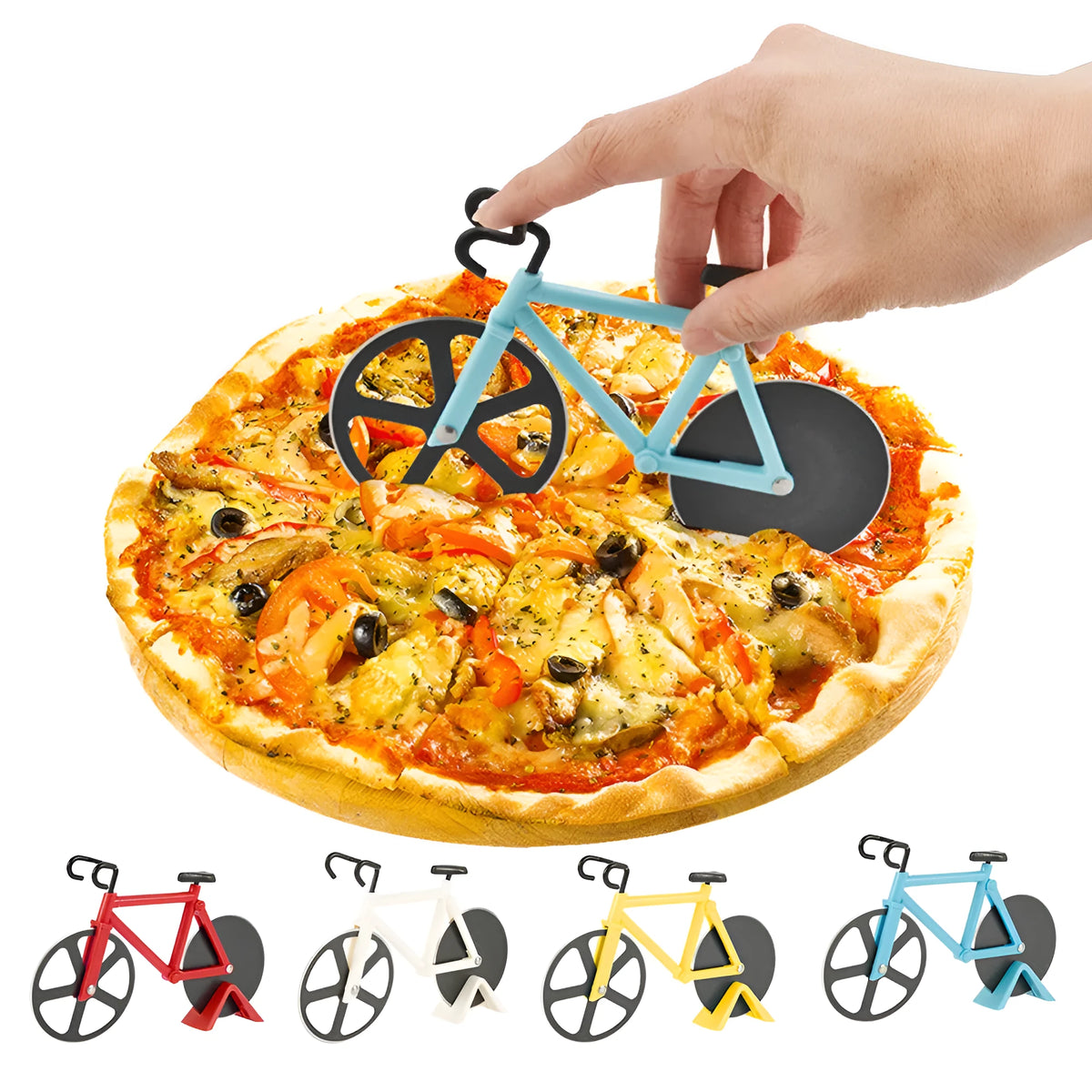 Bicycle-shaped pizza cutter with stainless steel 430# wheel and ABS plastic handle in assorted colours