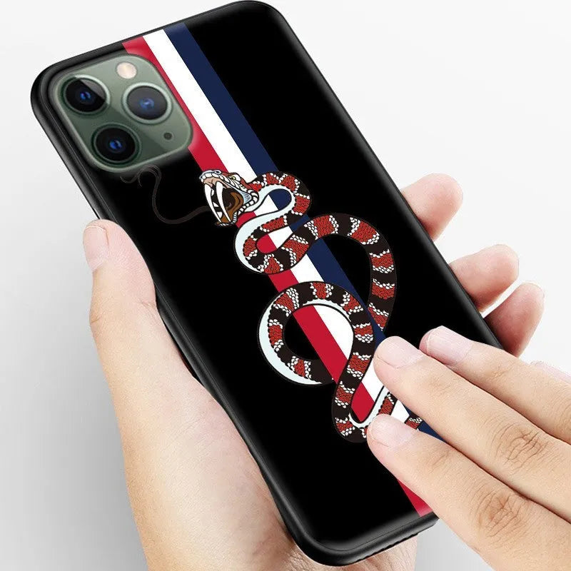 Soft silicone iPhone case with frosted surface showing detailed snake cartoon pattern in black colour