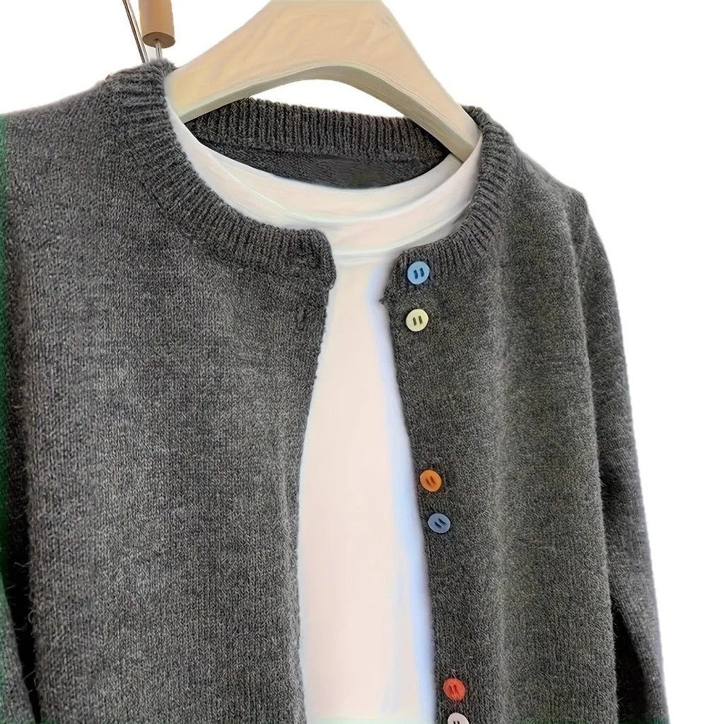 Women's dark grey button-front polyester cardigan with 50cm length and long sleeves for commuter wear