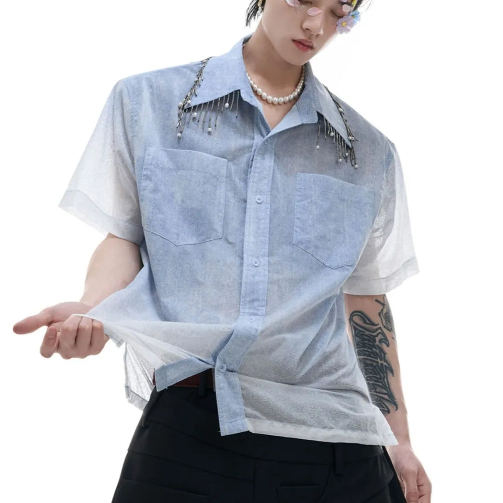 Men's blue and white gradient short sleeve shirt with quilted texture and loose fit design