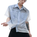 Men's blue and white gradient short sleeve shirt with quilted texture and loose fit design