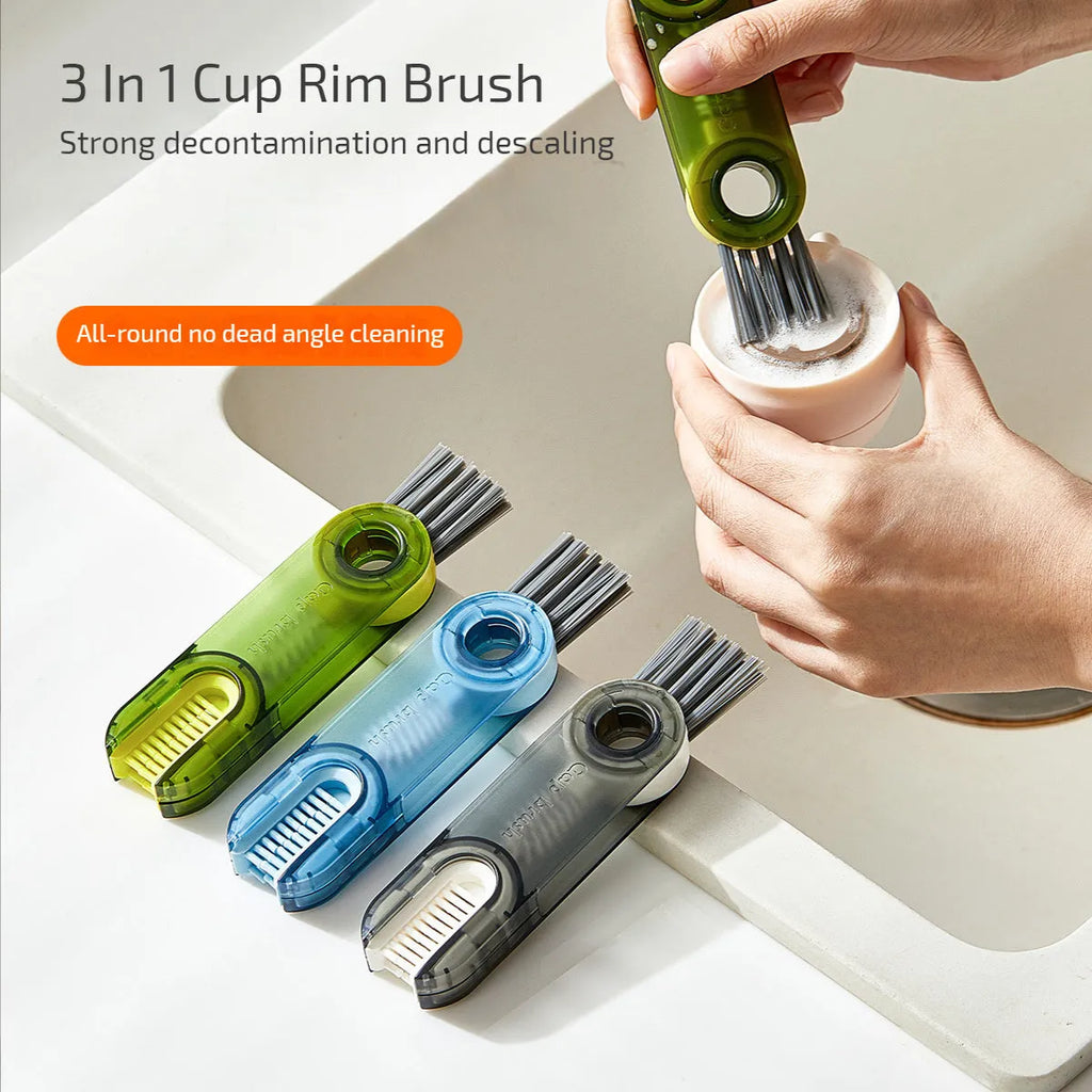3-in-1 tiny bottle cup cover brush straw cleaner tool in transparent green, showing spiral brush and bevel corner design