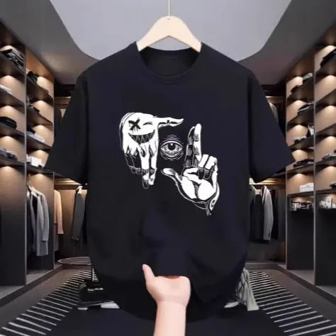 Men's grey mesh t-shirt with a cartoon digital print on the front, showing round neck and short sleeves.