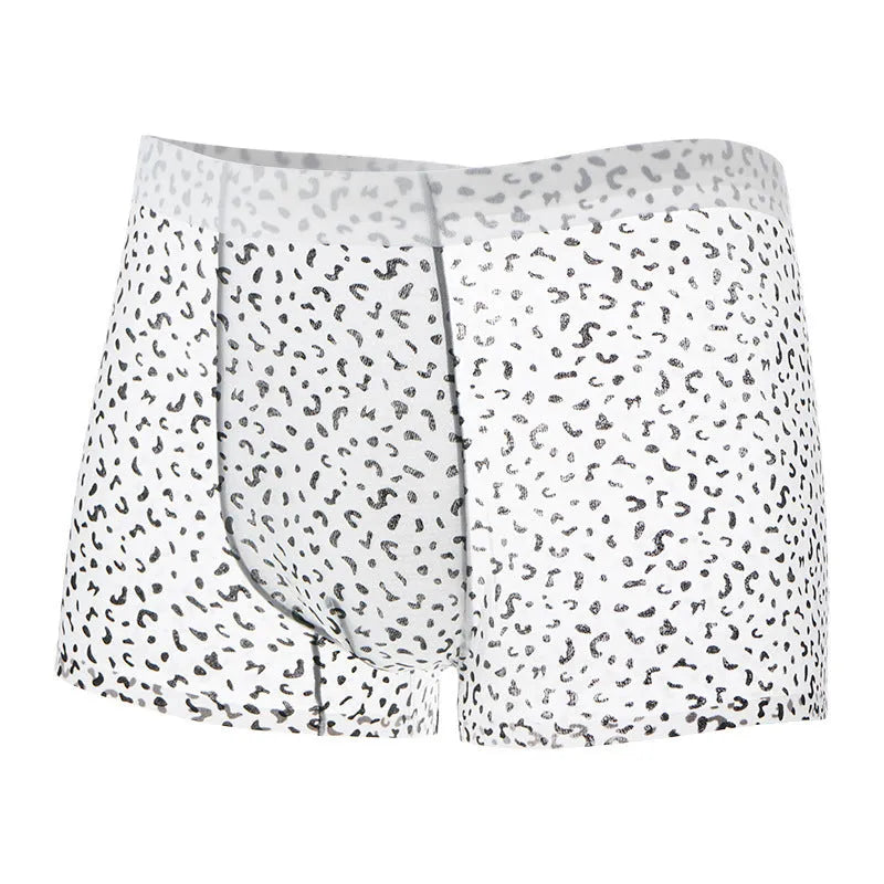 Men's ice silk boxer shorts in a black leopard print camouflage pattern, showing the mid waist design.