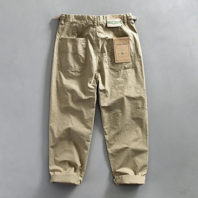Men's straight-leg cotton trousers in apricot colour with mid waist design