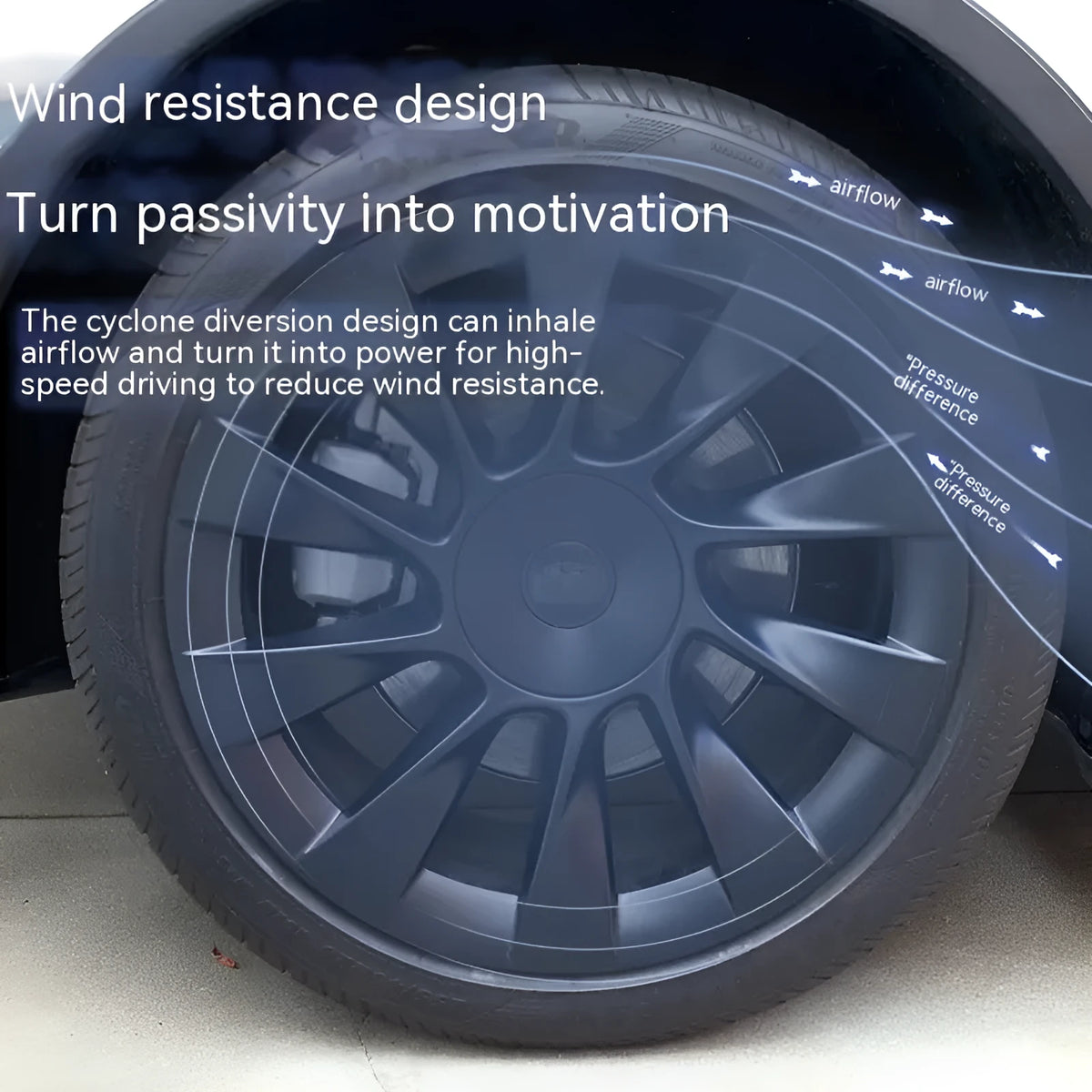 Set of four plastic wheel hub covers for a Tesla Model Y in a choice of colours.
