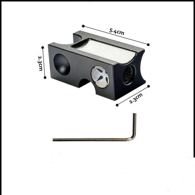 Black all-metal billiard cue leather head repair tool on a neutral background.
