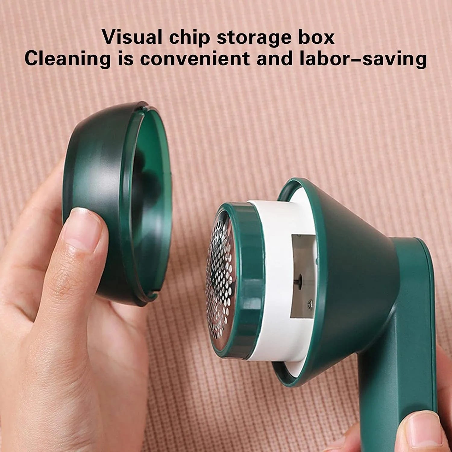 White USB rechargeable electric lint remover shaver with removable lint collector container on a sweater.