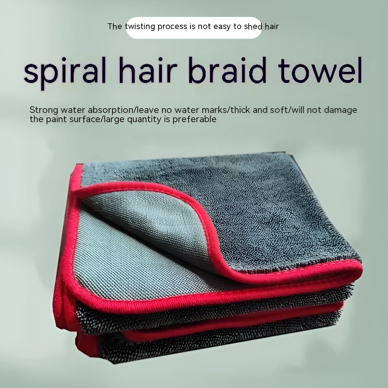 Grey car cleaning and pet bath towel with black hemmed edge, shown with a selection of different size options.