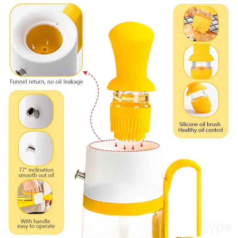 Yellow, green, and brown 550ml glass oil dispenser with silicone brush and stainless steel nozzle.