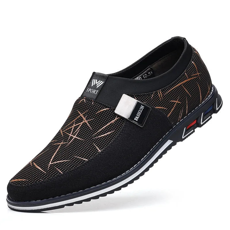 Men's grey and white square toe casual shoes with a low-top synthetic leather upper and flat rubber sole.