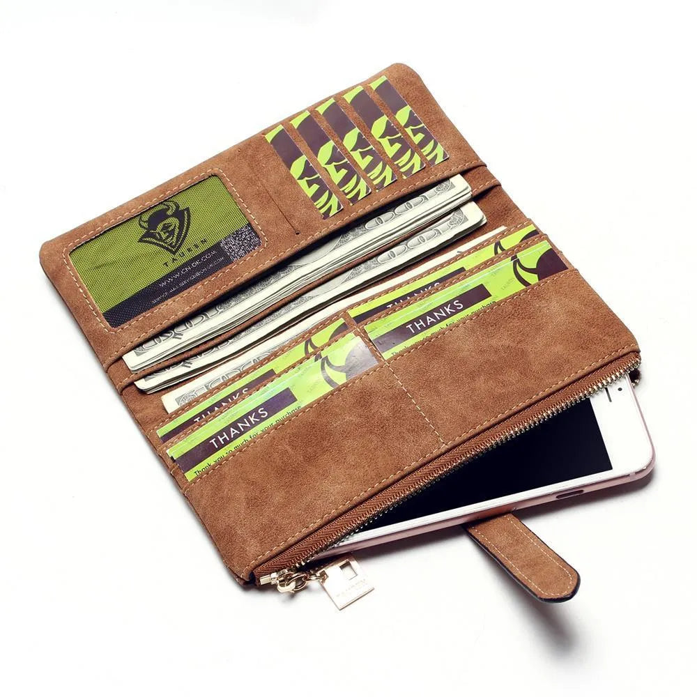 Korean-inspired retro matte leather long wallet with zip closure and RFID protection, showing inner card slots and note compartment