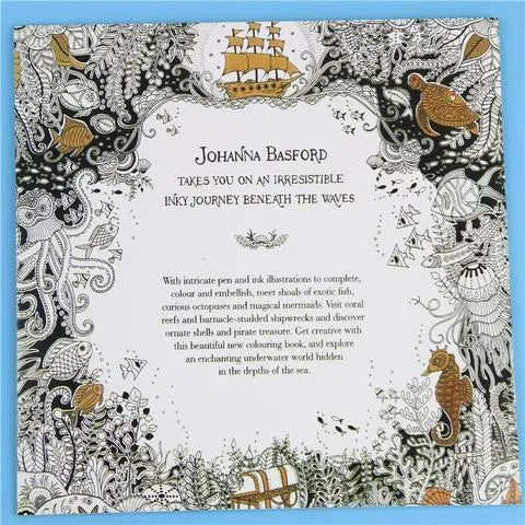 Lost Ocean colouring book with 24 marine illustrations, spiral bound, 25 cm by 25 cm, with 12 coloured pencils
