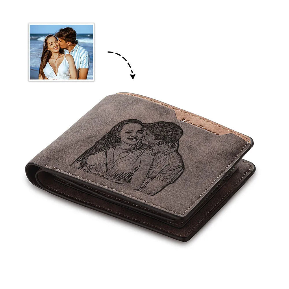 Coffee-coloured engraved horizontal short wallet with personalised text, showing 120mm width and 25mm depth