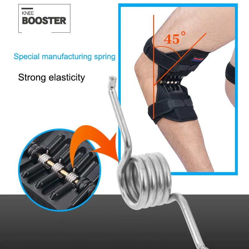 Knee brace with patella booster spring, adjustable length, breathable fabric, for mountaineering and sports support