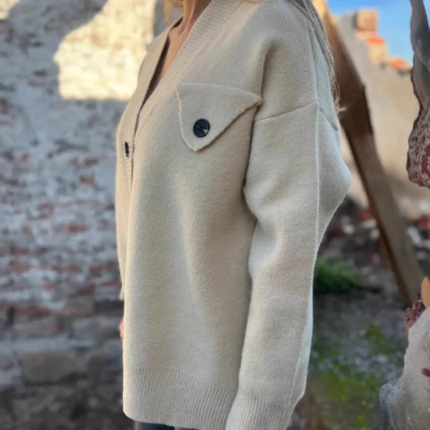 Long sleeve knitted cardigan coat in dark grey, beige, black, or green, loose fit, crochet detail, S-XXXL