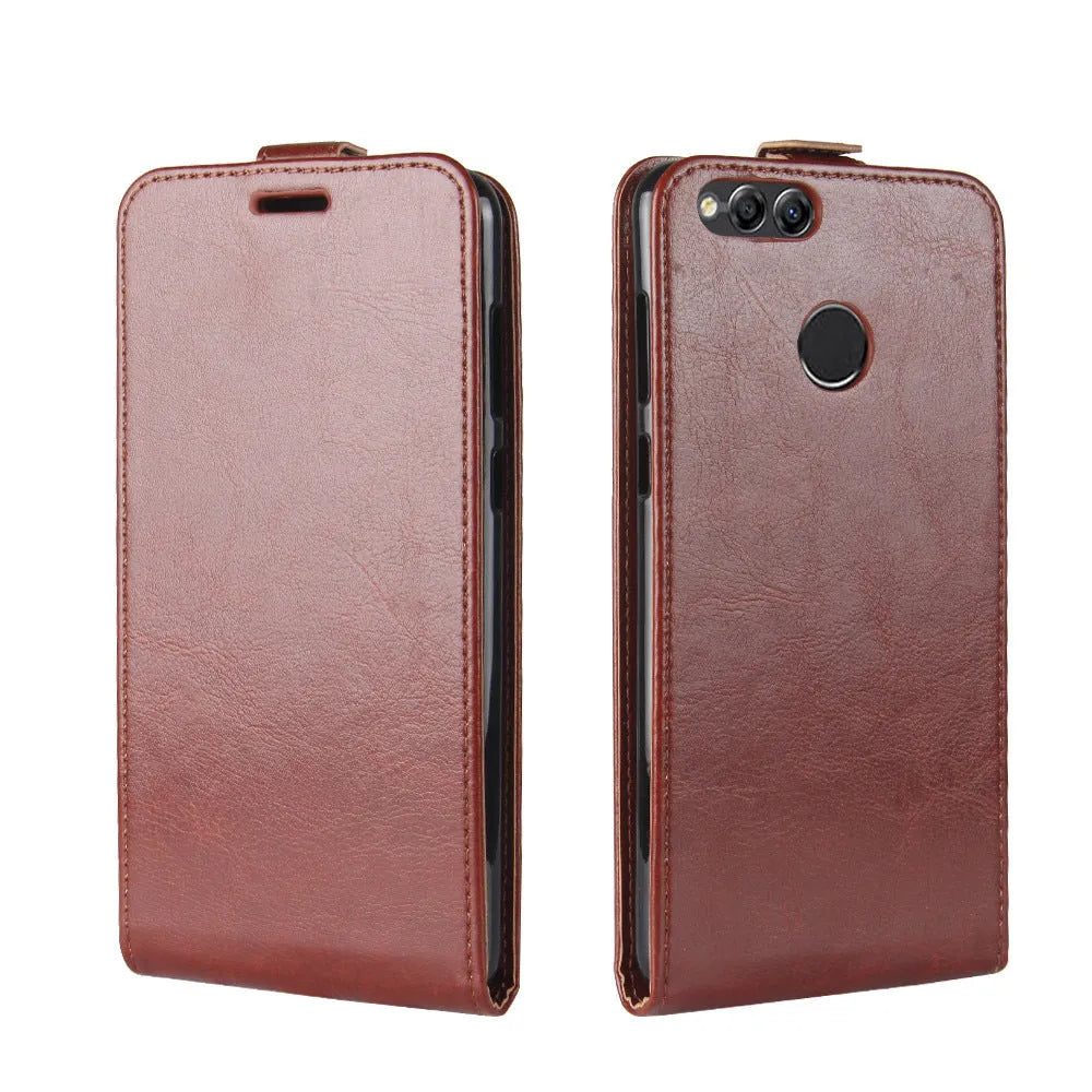 Honor 7X leather wallet phone case in brown showing card slots and crazy horse texture