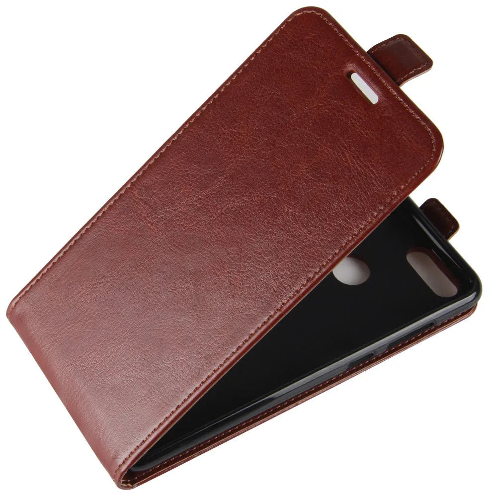 Honor 7X leather wallet phone case in brown showing card slots and crazy horse texture