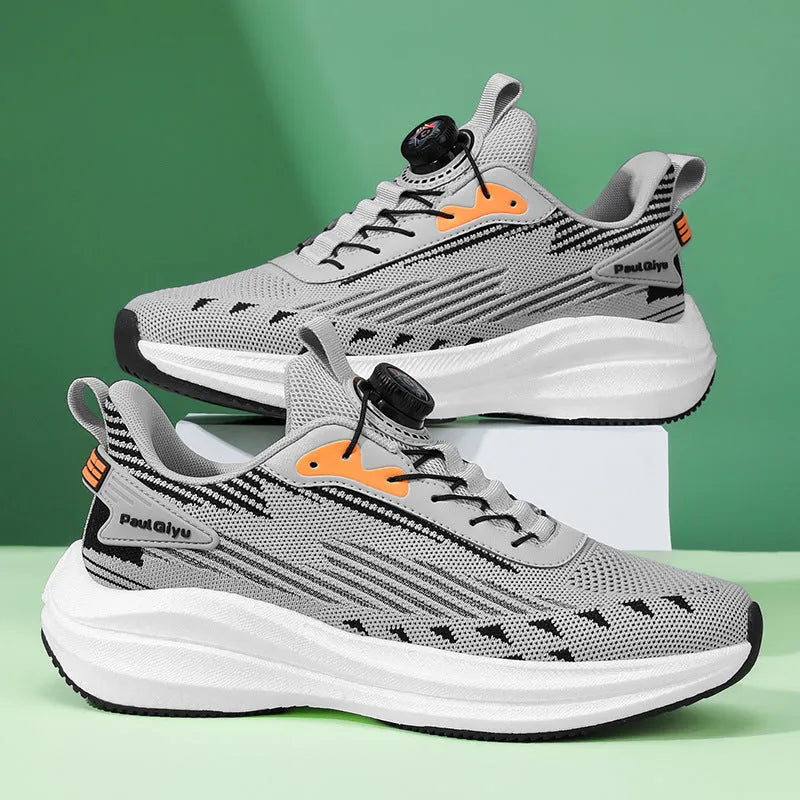 Men's white green Fly-kit mesh running shoes with rotating buckle and TPU sole, low-top design
